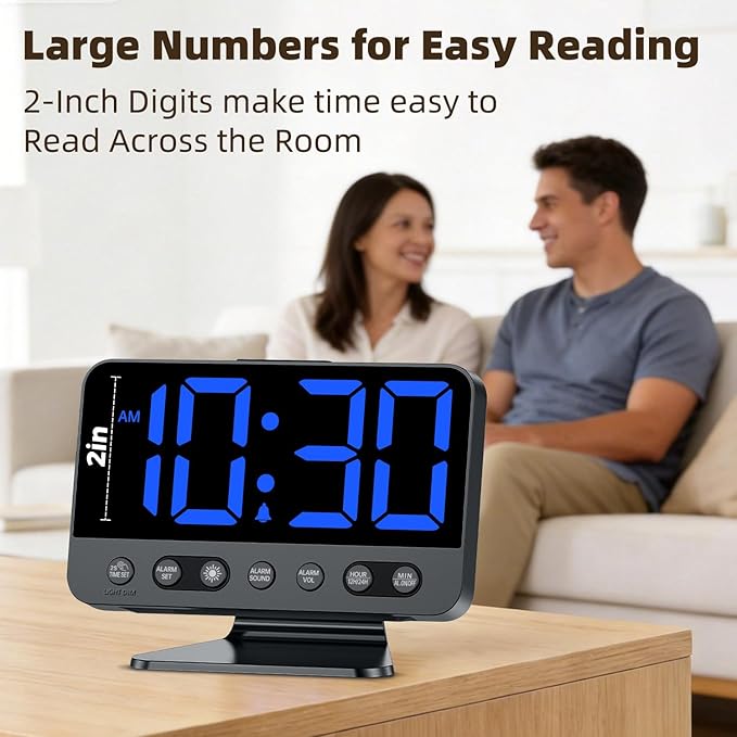 Digital Alarm Clock with Large Numbers for Bedrooms: Bold Display Readable Across The Room with 5 Level Brightness - 5 Alarm Sounds 8 Night Lights for Kids Seniors Teens - Blue