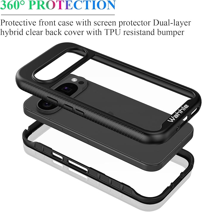 wahhle Compatible with Google Pixel 9 Pro XL Case, Built in Screen Protector Full Body Shockproof Slim Fit Bumper Protective Phone Cover Men Women-Black/Clear