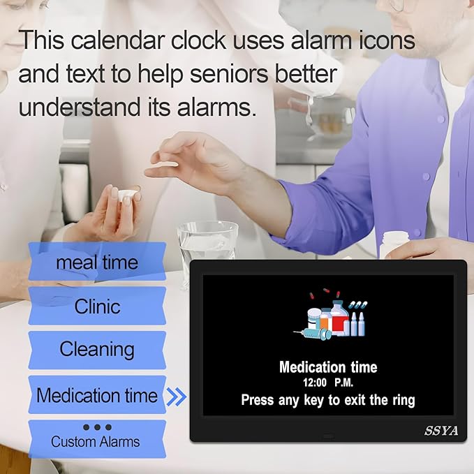 SSYA Dementia Clock for Seniors Digital Large Calendar Alarm Clock Auto DST Black
