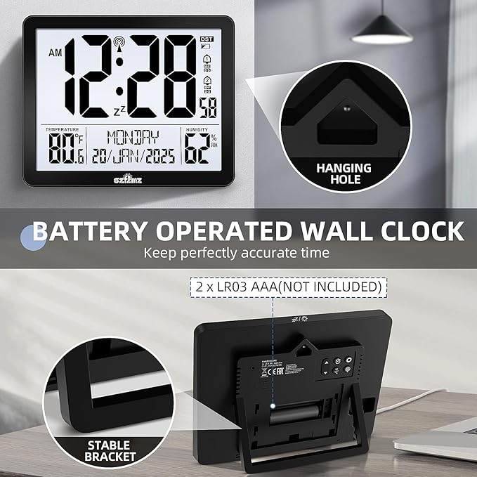 Atomic Digital Wall Clock Battery Operated with Backlight, Desk Clocks with Indoor Temperature & Humidity, 8.5" Small Alarm Clock with Date and Day of Week for Bedrooms, Living Room, Auto DST, Black