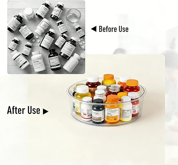 Medicine Bottle Organizer, Rotating Medicine Organizer for Cabinet, 11.98" Diameter, Large Capacity Transparent Pill Bottle Storage for Vitamin Pantry Countertop