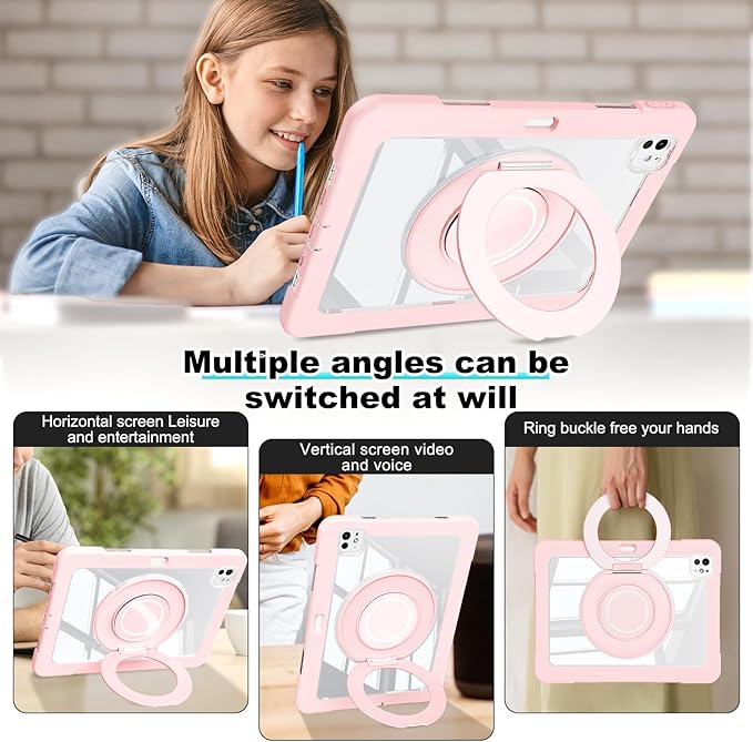 Dteck for iPad Pro 11 inch (M4/M5) 2024/2025 Release Shockproof Clear Case with Stylus Pencil Holder/Rotating Kickstand/Swivel Handle, Lightweight Protective Slim Transparent Tablet Cover Shell, Pink