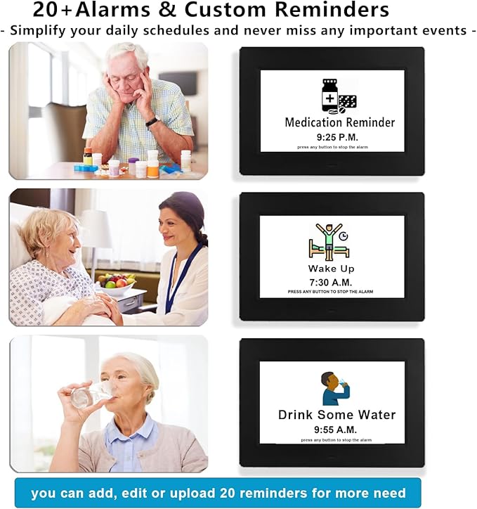 Véfaîî Upgraded Large Digital Calendar Clock with Day Night Icons for Elderly, 20 Custom Reminders, Auto DST, 10 Levels Night Dimmer, 8 Colors 3 Display Modes,10 Levels Volume, 7" Black with Remote
