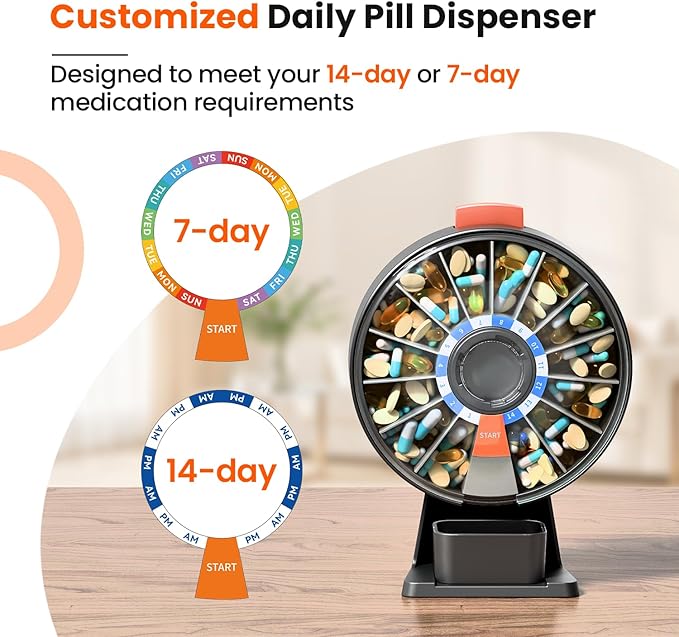 Odaro Large Pill Dispenser Weekly 7-Day AM/PM Wall-Mount or Standing Gray
