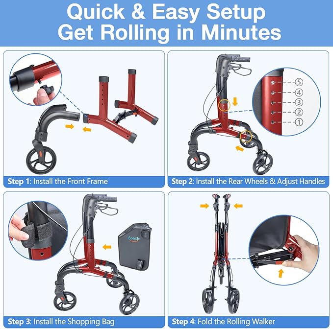 3 Wheel Walkers for Seniors with Bag and Hand Brakes, Lightweight Foldable Rollator with Swivel Front Wheel, Adjustable Height, Compact Mobility Aid for Elderly, Indoor Outdoor Use (Red)