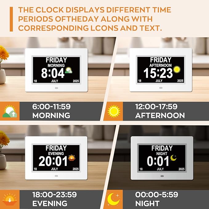 Digital Clock for Seniors with Day Date Time Large Display - 7 Inch Large Print Dementia Clock for Memory Loss and Visually Impaired, 12 Alarm Options, Non-Abbreviated, White