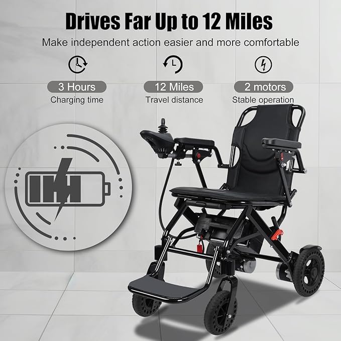 Foldable Electric Wheelchair for Adults with Dual 250W Motors,12 Miles Travel Range & All-Terrain Tires,33Lbs Ultra Lightweight Power Wheelchair Airline Approved for Seniors Support 220Lbs (Black2)