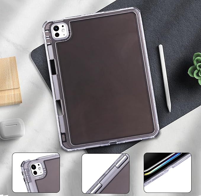 Dteck for iPad Pro/Air 13" (M5/M4/M3/M2), Pro 12.9" (6th/5th/4th/3rd Gen) Clear Case with Pencil Holder/Screen Protector Film/Stylus, 3 Layers Protective Lightweight Slim Transparent Cover, Black