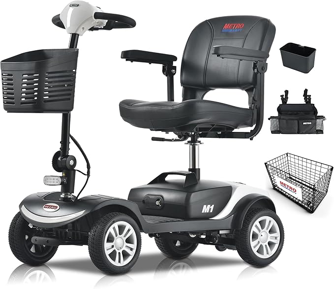 Christmas Gift for Mom Dad Parents Metro Mobility Scooter for Adults/Seniors-4-Wheel Foldable Electric Powered Mobility Scooters-with Thickened Leather Seats-Long Range Power Extended Battery-M1 White