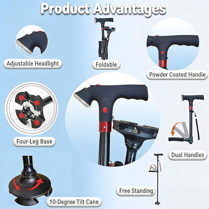 2026 New Smart Walking Cane for Men Women, 3-in-1 Upgrade Smart Walking Canes with Light and Alarm, Foldable Dual Handles, Adjustable Canes for Elderly,Seniors Veterans & Parents