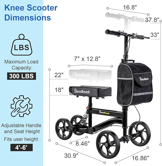BlessReach Economy Knee Scooter, Steerable Knee Walker, Foldable Knee Scooters for Foot Injuries Adult Best Crutches Alternative，Knee Scooter for Adults.(Blacks)