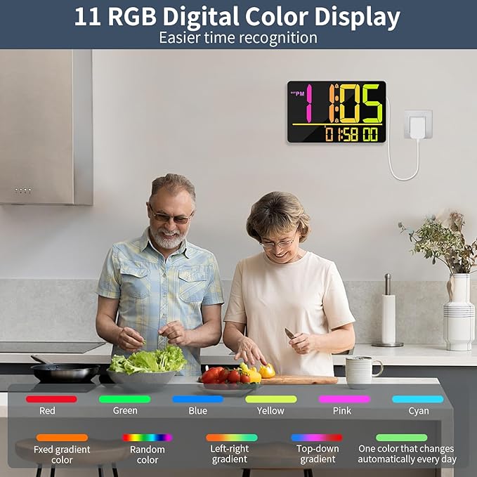 PERSUPER 13" Large Digital Wall Clock with Remote, RGB Color Changing, 25 Ringtones, 0-100% Auto/Custom Brightness, Temperature, Calendar, 12/24H, DST, Timer, for Living Room/Bedroom/Office/Elderly