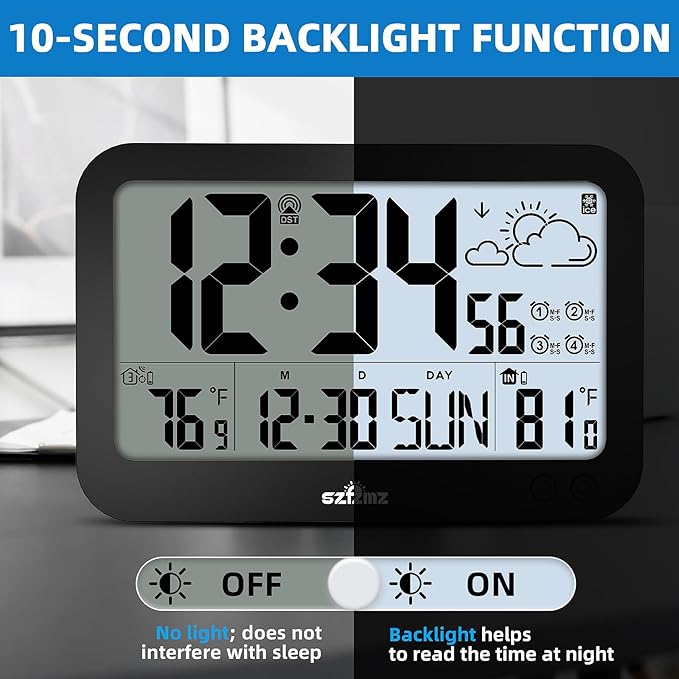 Atomic Clock,10" Digital Clock Large Display, Wall Clocks Battery Operated with Backlight, Wireless Outdoor Sensor, Alarm Clock Indoor Outdoor Temp, 4 Time Zones, Auto DST, Clock for Bedroom (Black)