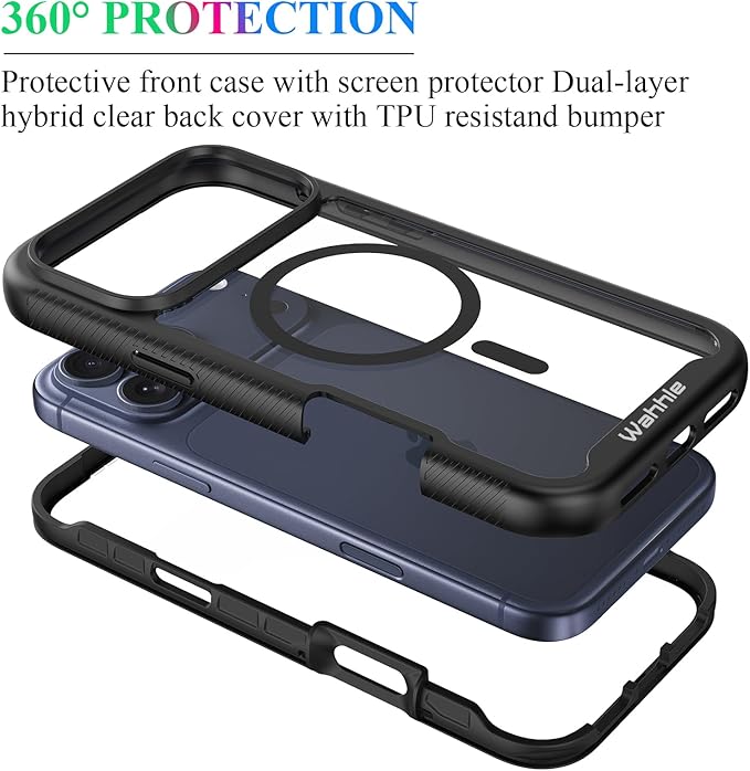 wahhle Compatible with iPhone 17 Pro Max Case, Magnetic Built in Screen Protector Full Body Shockproof Slim Fit Bumper Protective Phone Cover Men Women 6.9"-Black/Clear