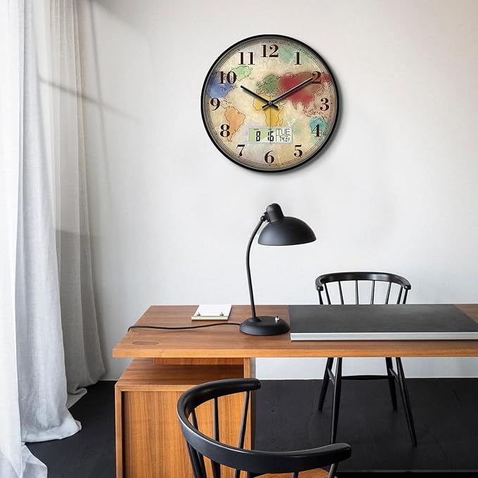 12'' Silent Non-Ticking Vintage Distressed World Map Wall Clock, Battery Operated Analog with LCD Date Day Temp Display, Retro Decor for Home Office Bar Man Cave Classroom