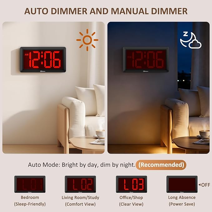 Soobest 9.5 Inch Large Digital Wall Clock Battery Operated, Auto & Manual Dimmer Display, Easy to Read Big Digits with Alarm for Seniors, Modern Decor for Living Room, Bedroom, Office (3.2" Numbers)