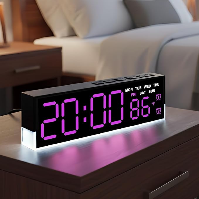 JENLYSTIME 7 Inch LED Digital Alarm Clock with Dual Alarms & Bottom Glow｜Displays Time, Date, Day, Temperature ｜3-Level Auto/Manual Brightness, DST, USB or Battery Powered Modern Desk Clock(Rose Red)