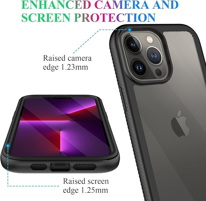 wahhle Compatible with iPhone 13 Pro Max Case, Built in Screen Protector Full Body Shockproof Slim Fit Bumper Protective Phone Cover 6.7'' Men Women-Black/Clear