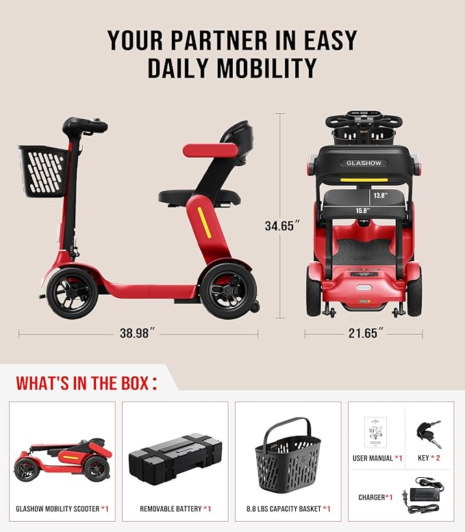Glashow S3 Foldable Mobility Scooter for Seniors and Adults – 4-Wheel Lightweight Electric Scooter, 25-Mile Range, 6 mph Max Speed, 265 lb Capacity, PAI Safety System for Outdoor Travel- Red