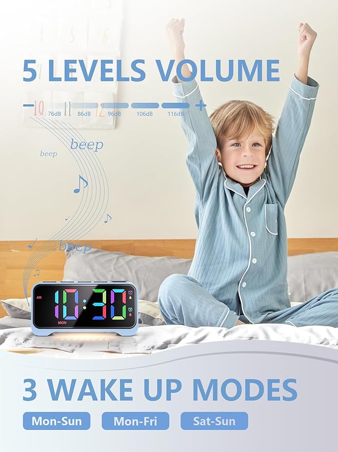 Digital Alarm Clock with RGB Display for Kids & Teens, Dual Alarms, Adjustable Volume, Night Light, USB Charging, Snooze, Battery Backup, for Bedroom, Nursery, Dorm, School