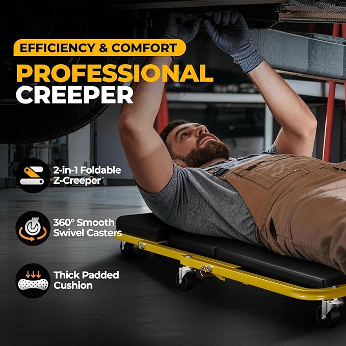 Auto Dynasty 36" Z-Creeper Seat, 2-in-1 Foldable Garage Creeper Shop Seat, 330 LBS Capacity Automotive Mechanic Repair Under Car Rolling Creeper Seat, Yellow