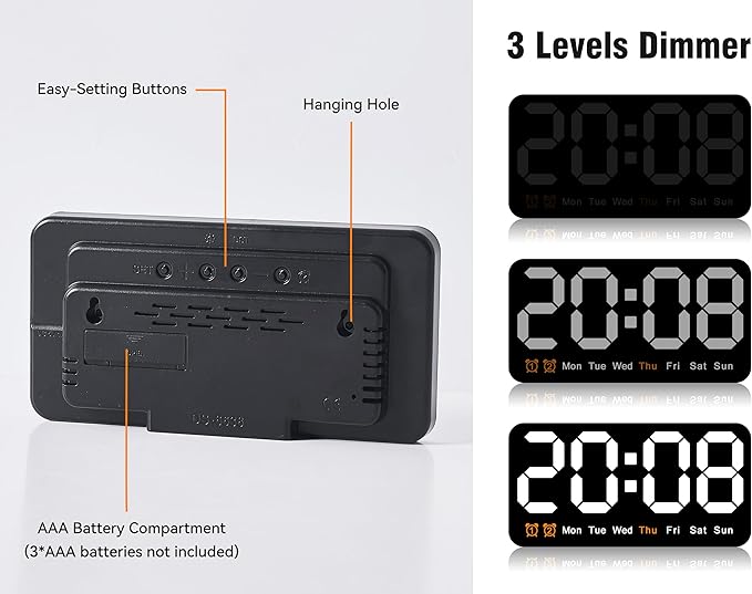 9.5 Inch Large Digital Wall Clock with LED Display, Auto DST, Dual Alarm with Snooze, Adjustable Brightness, Temperature & Date Display, Wall Mount or Desk Clock for Bedroom, Living Room, Office-White