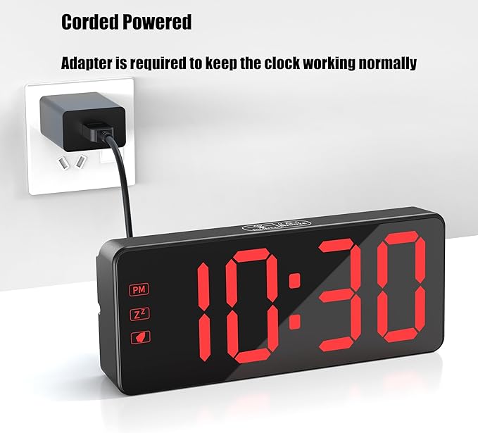 KWANWA Digital Alarm Clock with Backup Battery & 59" UL-Certified Charger - 3-Level Dimmer, Auto Night Mode, 2.4" Bold LED Display, Upgraded Buttons, Clock for Bedroom/Travel/Camping