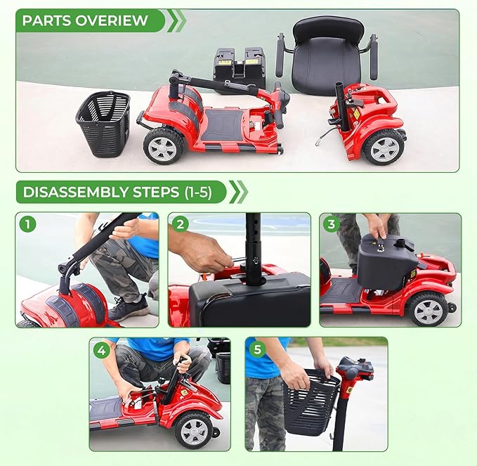 Mobility Scooter for Adults, 4 Wheels Lightweight Scooter, Foldable Mobility Scooter Long Range for Travel, Adults, Elderly, Supports 300 lbs, Powered Wheelchair with Charger & Basket (red red)