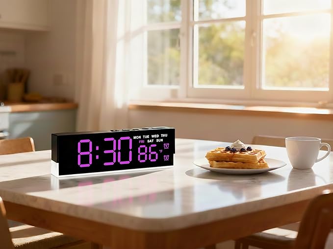JENLYSTIME 7 Inch LED Digital Alarm Clock with Dual Alarms & Bottom Glow｜Displays Time, Date, Day, Temperature ｜3-Level Auto/Manual Brightness, DST, USB or Battery Powered Modern Desk Clock(Rose Red)