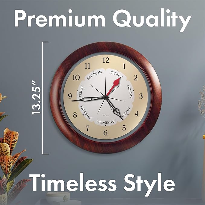 Time & Day of The Week Wall Clock with 13.5” Walnut Accent Frame – – Ideal Retirement Gift for Men and Women, Day Clock for Seniors and Retirees