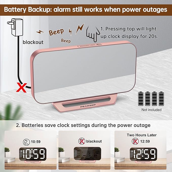 Peakeep Slim Digital Mirror Aesthetic Alarm Clock for Bedroom Living Decor, Plug in Electric Clock Big LED Modern Small Table Clock for Office Desk, Battery Backup, 6 Dimmers (Rose Gold)