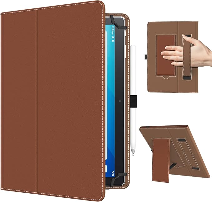 TiMOVO Universal Case for 10.1 Inch Android Tablet with Pen Loop, Lightweight Folding Stand Cover with Hand Strap for All 9.6"-11" Touchscreen Tablet, Chestnut