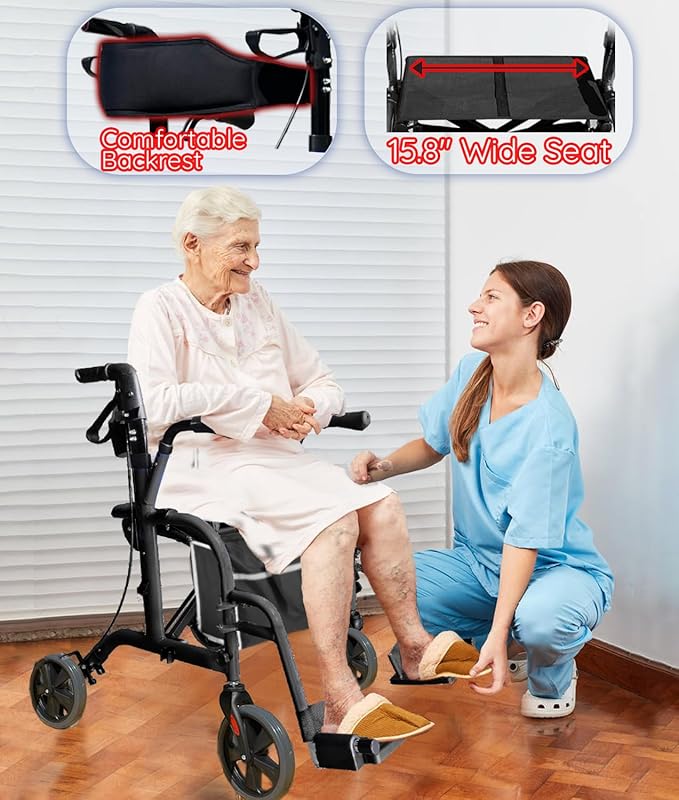 2 in 1 All Terrain Rolling Walker with Seat and Brakes, Foldable, Lightweight, for Seniors & Adults - Adjustable Height & Detachable Footrest Included (Dark Gray)