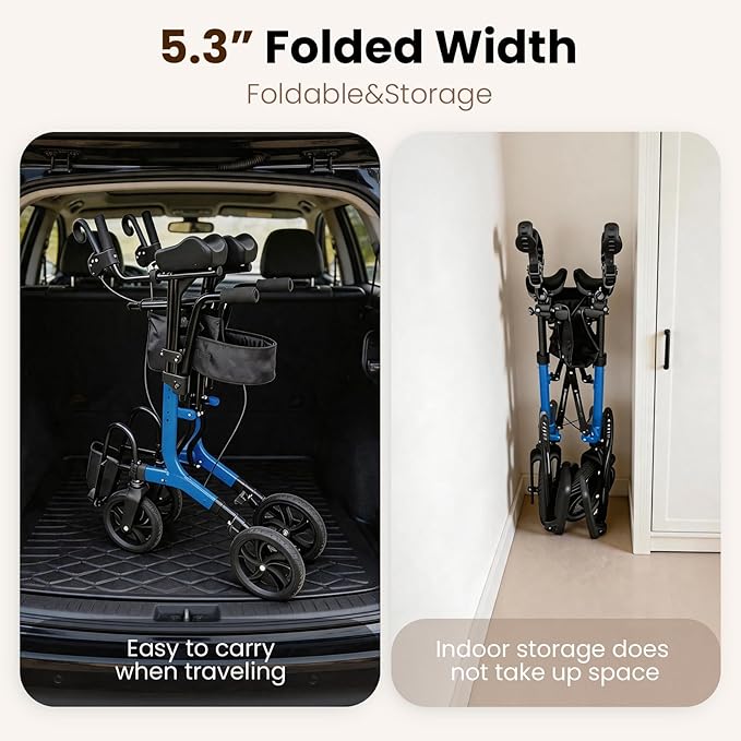Upright Walkers for Seniors 450 lbs Capacity, 22 lbs Foldable Lightweight Walkers for Seniors with Seat, Armrest and Pedal, Height Adjustable Rollator Walker with Seat for Travel & Gift (Blue)