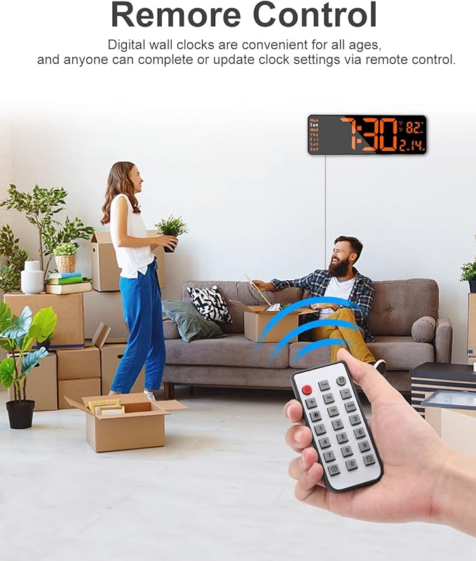 JoFomp Large Display Digital Alarm Clock for Bedroom, Living Room and Office - LED Electronic Clock with DST, Temperature Display - Dimmer & Battery Backup - Modern Desk and Wall Clock (Orange)