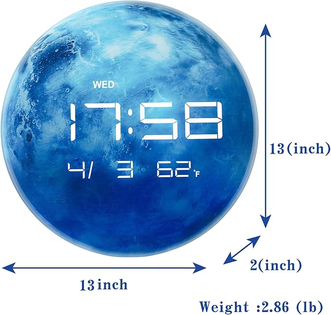 Nbdeal 13" Digital Wall Clock with LED Display, Calendar & Temperature, Automatic Dimming, 12/24hr Format, Wall & Desk Use - HUI-7862