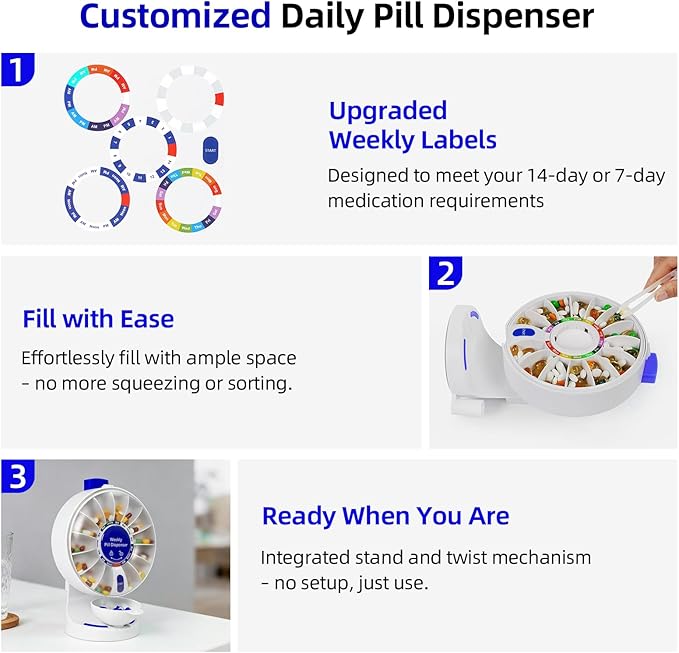 14-Day Push Button Pill Dispenser for Seniors & Caregivers | Standing or Wall-Mount Medication Organizer with Child Lock, 14 Large Compartments for Fish Oil, Vitamins, Medicine, or Supplements, Blue