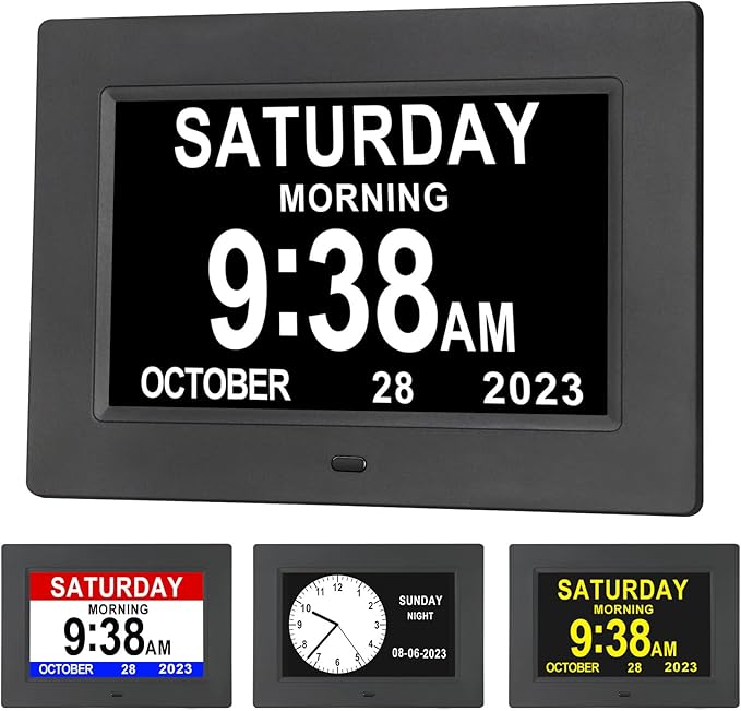 Aowasi Digital Calendar Clock, 12 Custom Alarm Options, Calendar Clock with Day and Date Display 7-Inch Large Display, Digital Clock for Seniors Dementia Alzheimer Memory Loss Vision Impaired Elderly