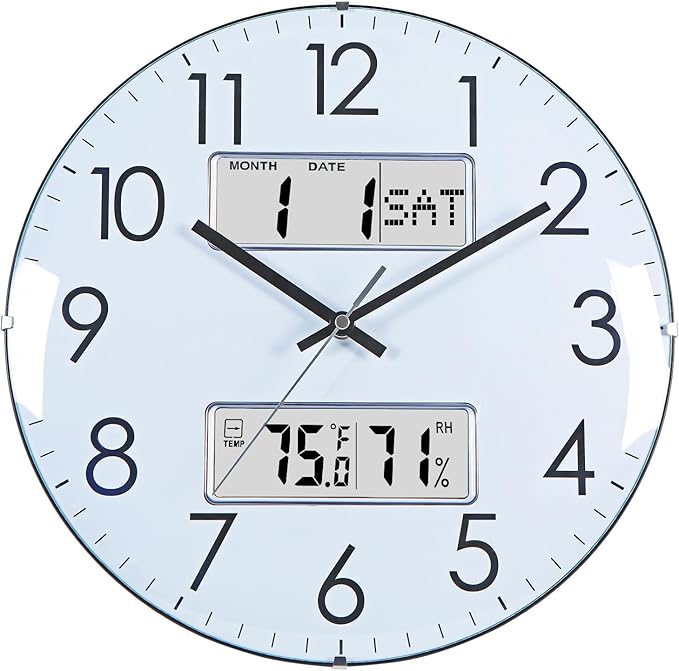 Nbdeal 13-Inch Analog Silent Wall Clock with Calendar Temperature & Humidity (White)