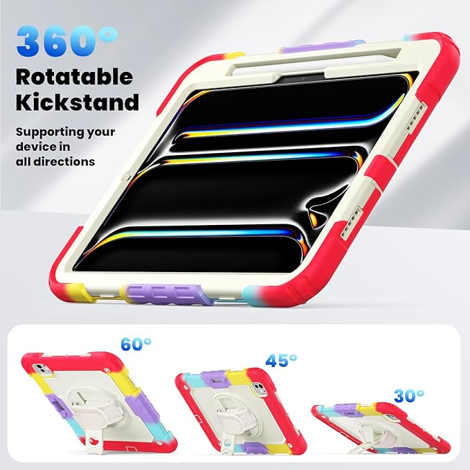 Dteck for iPad Pro 11 inch (M4/M5) 2024/2025 Shockproof Case with Screen Protector/Stylus Pencil Holder/Rotating Kickstand/Grip Hand Strap, Heavy Duty Protective Rugged Tablet Cover, Colorful Red
