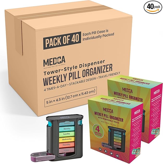 Weekly Pill Organizer, 1 Dispenser, 7 Stackable Compartments Four Times-a-Day - Morning, Noon, Evening, and Bedtime, Black (Case of 40)