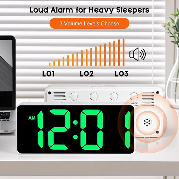 Small Digital Alarm Clock for Bederoom, Large Big Numbers Display with Brightness Dimmer,Dual Alarm, Snooze,12/24Hr,Adjustable Volume Loud Bedside Alarm Clock for Kids Teens Boys Girls (White)