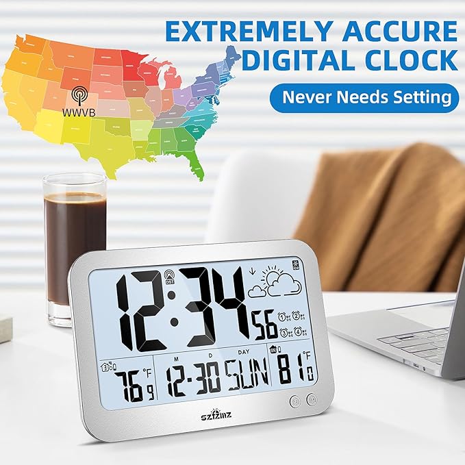 Atomic Clock, 10" Digital Clock Large Display, Wall Clocks Battery Operated with Backlight, Wireless Outdoor Sensor, Alarm Clock Indoor Outdoor Temp, 4 Time Zones, Auto DST, Clock for Bedroom (Sliver)