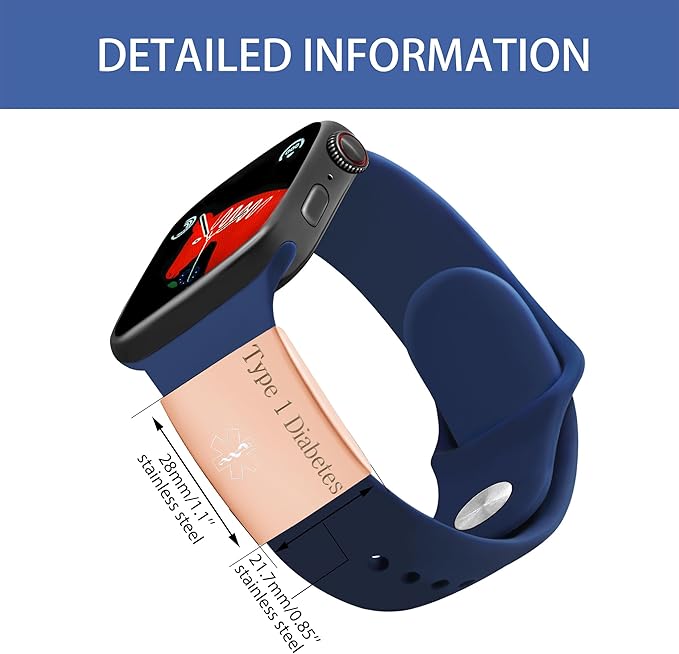 22 * 28mm Rose Gold Stainless Steel Type 1 Diabetes Medical Alert Tag | ID Tag for Watch Band Health Jewelry for Wife Husband YA4313