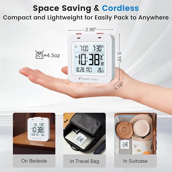 Small Digital Atomic Alarm Clock for Bedroom, 3.15 Inch Portable Travel Clock with Dual Alarms and Snooze, Indoor Temperature, 8s Backlight, Battery Included, White