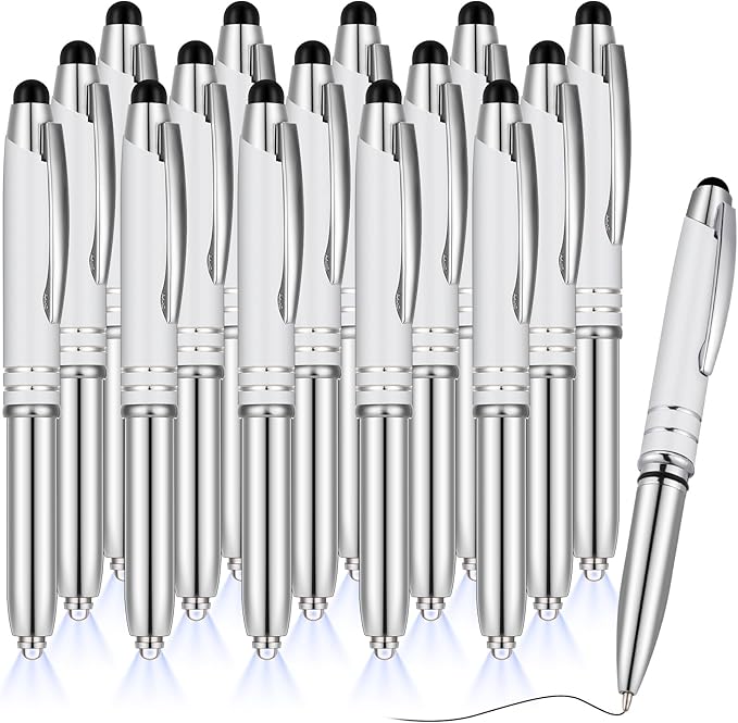 Zonon 15 Pieces 3 in 1 Ballpoint Pen with LED Flashlight and Stylus Tip Multi-Function Capacitive Pen, 1.0 mm Black Ink Metal Ballpoint for Touch Screens Nurse Teacher Gifts(White)