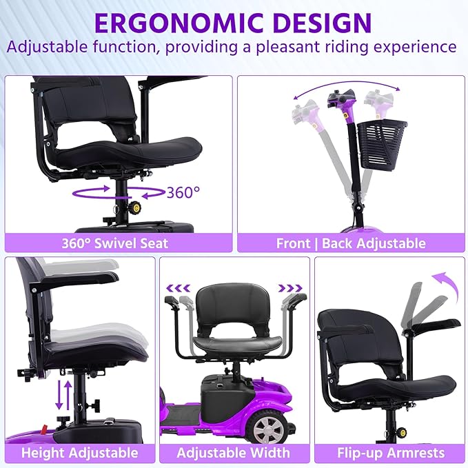 Mobility Scooters for Seniors, Light Weight Mobility Scooters for Adults, Compact Folding Electric Mobility Scooter, LED Lights, Adjustable Seat, 3~6.5 KM/H
