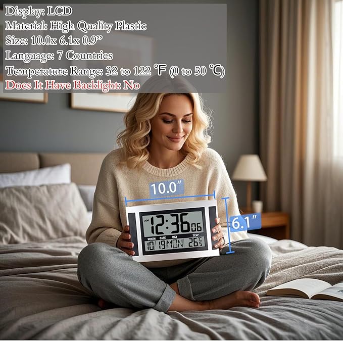 11.5" Large Display Digital Wall Clock Battery Operated with Big Numbers,Desk Clocks with Time Date Temperature, 2 Alarms with Snooze, Easy to Use for Bedroom, Living Room, Office,Gift for Elderly