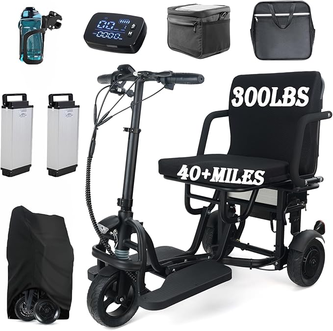 New Upgrade Folding Mobility Scooters for Adults, 9.32mph 50 Miles Driving Distance, with 2 * 10AH Long-Range Lithium Battery, 3 Wheel Ultra Lightweight Travel Portable Power Scooters for Seniors