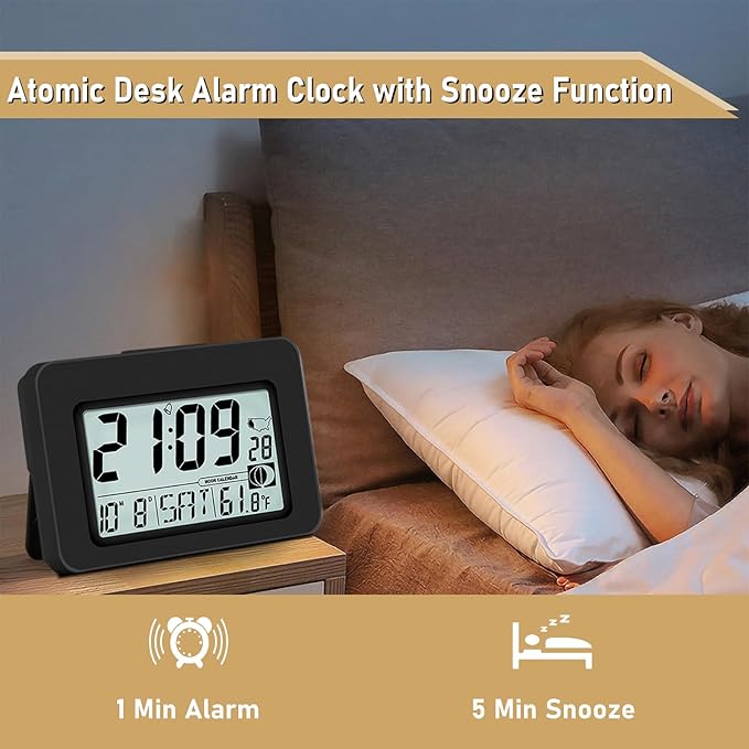 Handy Atomic Alarm Clock - 6'' Battery Operated Digital Clock with Seconds, Self-Setting, Auto Sync, DST, Selectable Time Zones,Portable Travel Desk Clock with 5s Touch Backlight for Bedroom